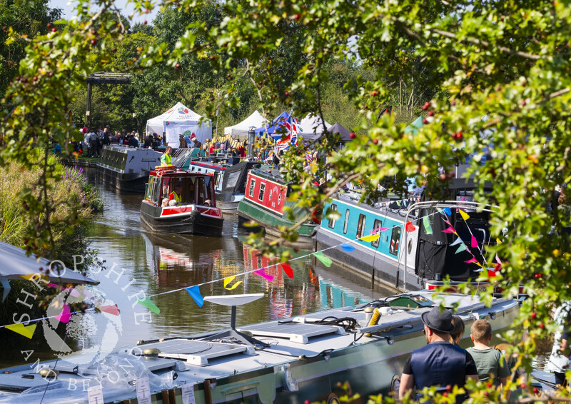 Narrowboats on the Llangollen Canal at the Whitchurch Canal Festival, Shropshire.