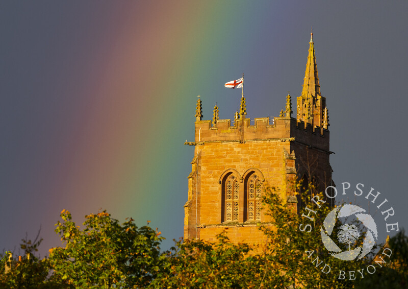 Rainbow beside the tower of St Leonard's Church, Bridgnorth, Shropshire.