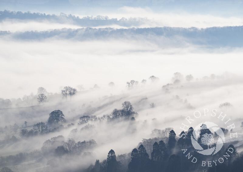 Winter mist rolls over Willstone Hill and Wenlock Edge, seen from Caradoc, Shropshire.