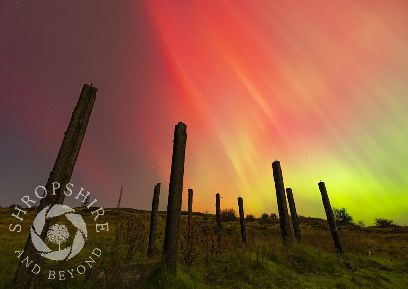 Northern Lights above mining remains on Brown Clee Hill, Shropshire.