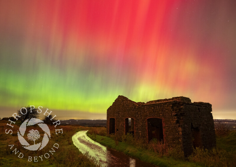 Northern Lights over mining remains on Brown Clee Hill, Shropshire.