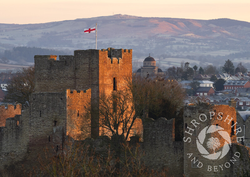 The Great Tower of Ludlow Castle at sunrise in Shropshire.