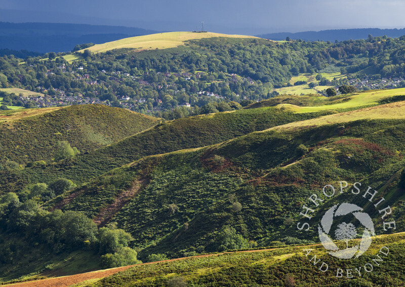 Looking across Batch Valley on the Long Mynd towards Hazler Hill and Church Stretton, Shropshire.